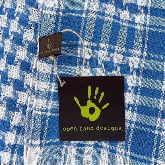 NWT Open Hand Designs Blue & White Check Handloomed Scarf Wrap Fringe Fair Trade - Picture 10 of 11